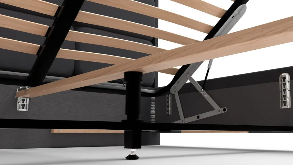 Łóżko tapicerowane Aurora Frame Lift, Beech Black, Queens Camel, 160x200 cm