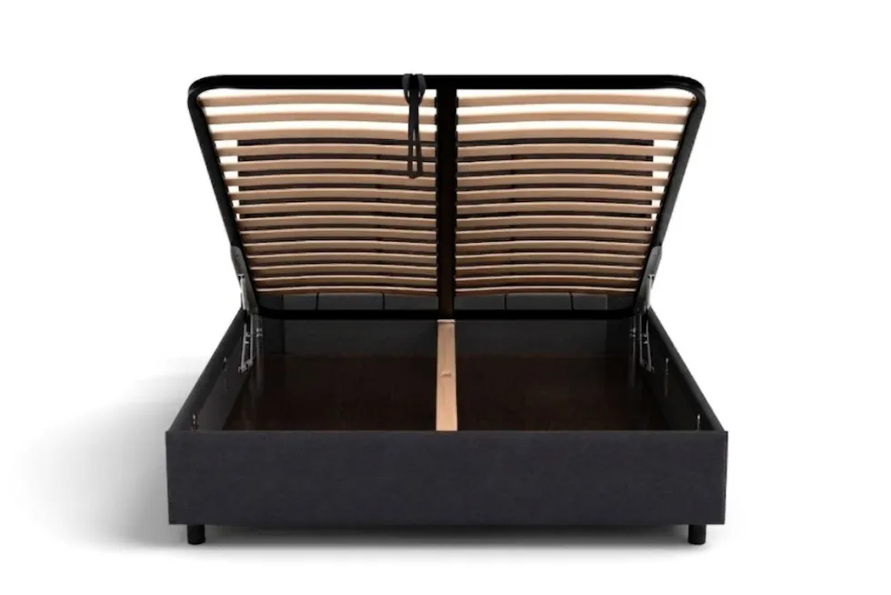 Łóżko tapicerowane Aurora Frame Lift, Beech Black, Queens Camel, 160x200 cm
