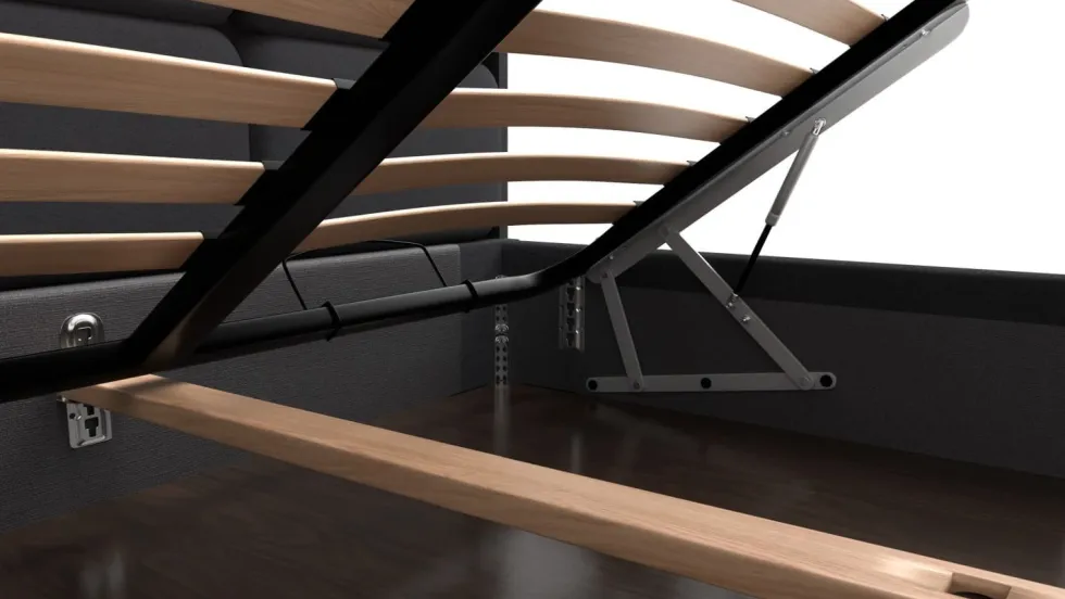 Łóżko tapicerowane Aurora Frame Lift, Beech Black, Queens Camel, 160x200 cm